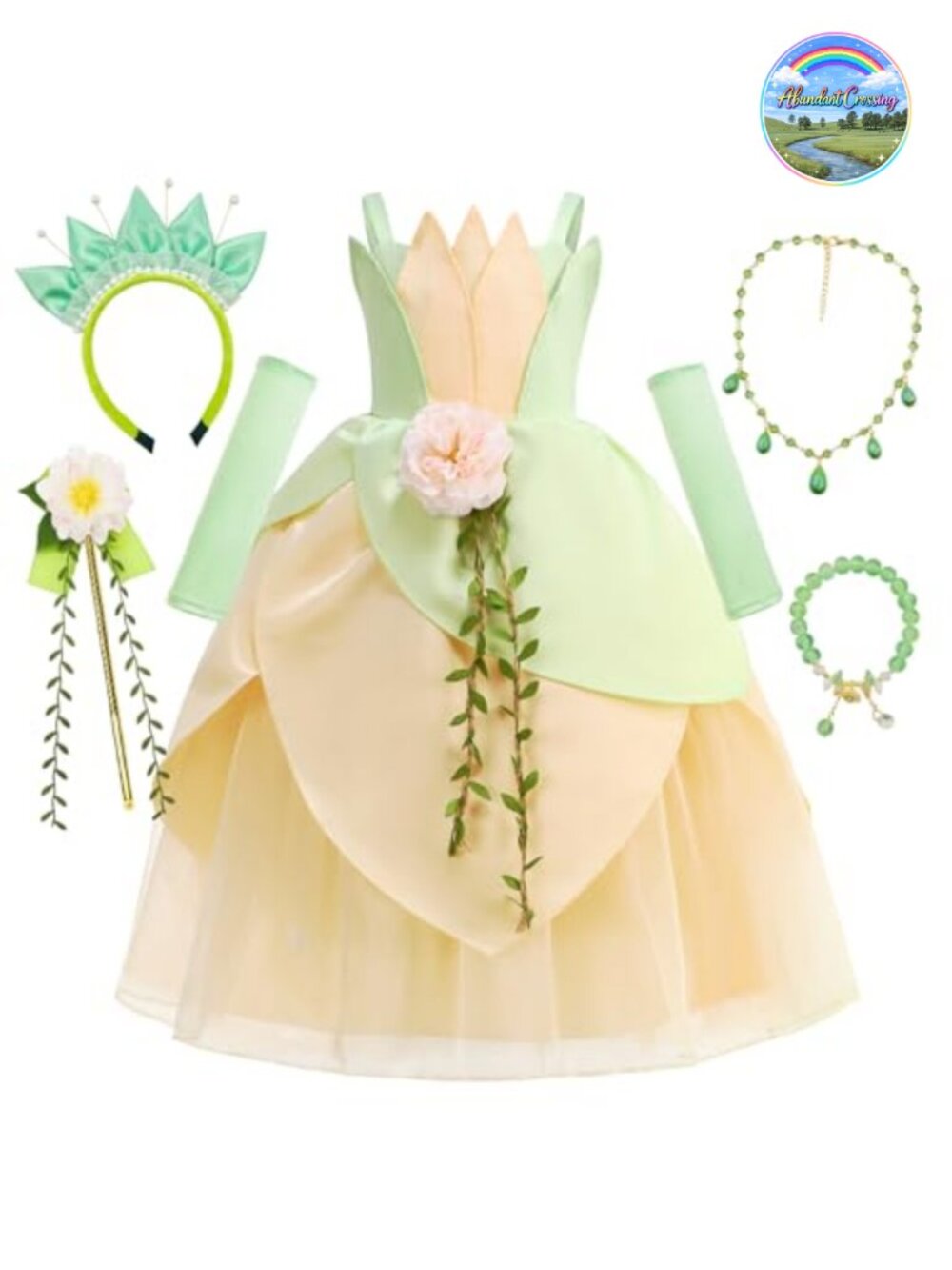 Girls Princess Frog Dress Costume Fairy Ball Gown Headband Oversleeves Set